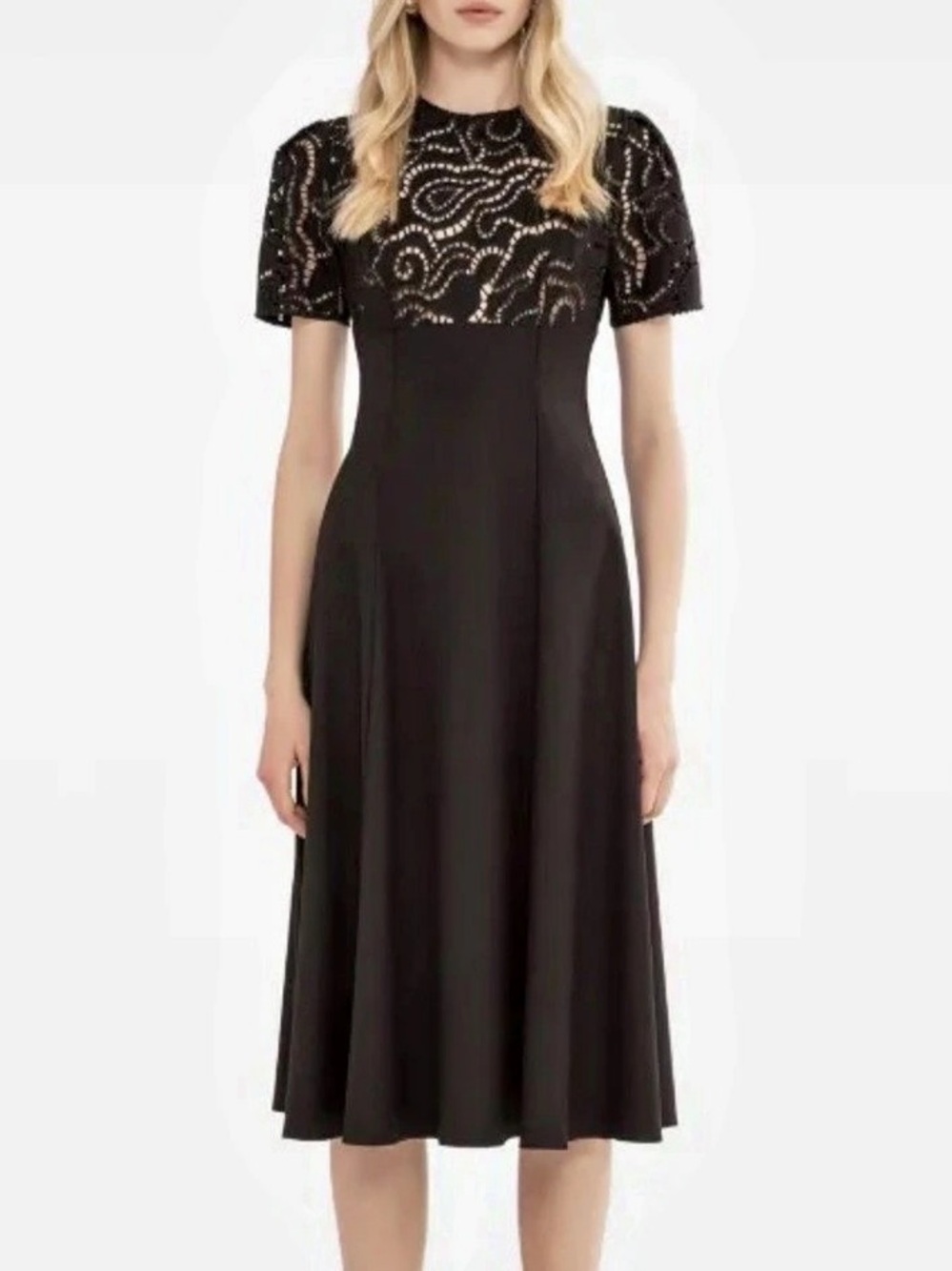 Nissa Floral-Embroidery Midi Dress Black Lace Yoke Size 2